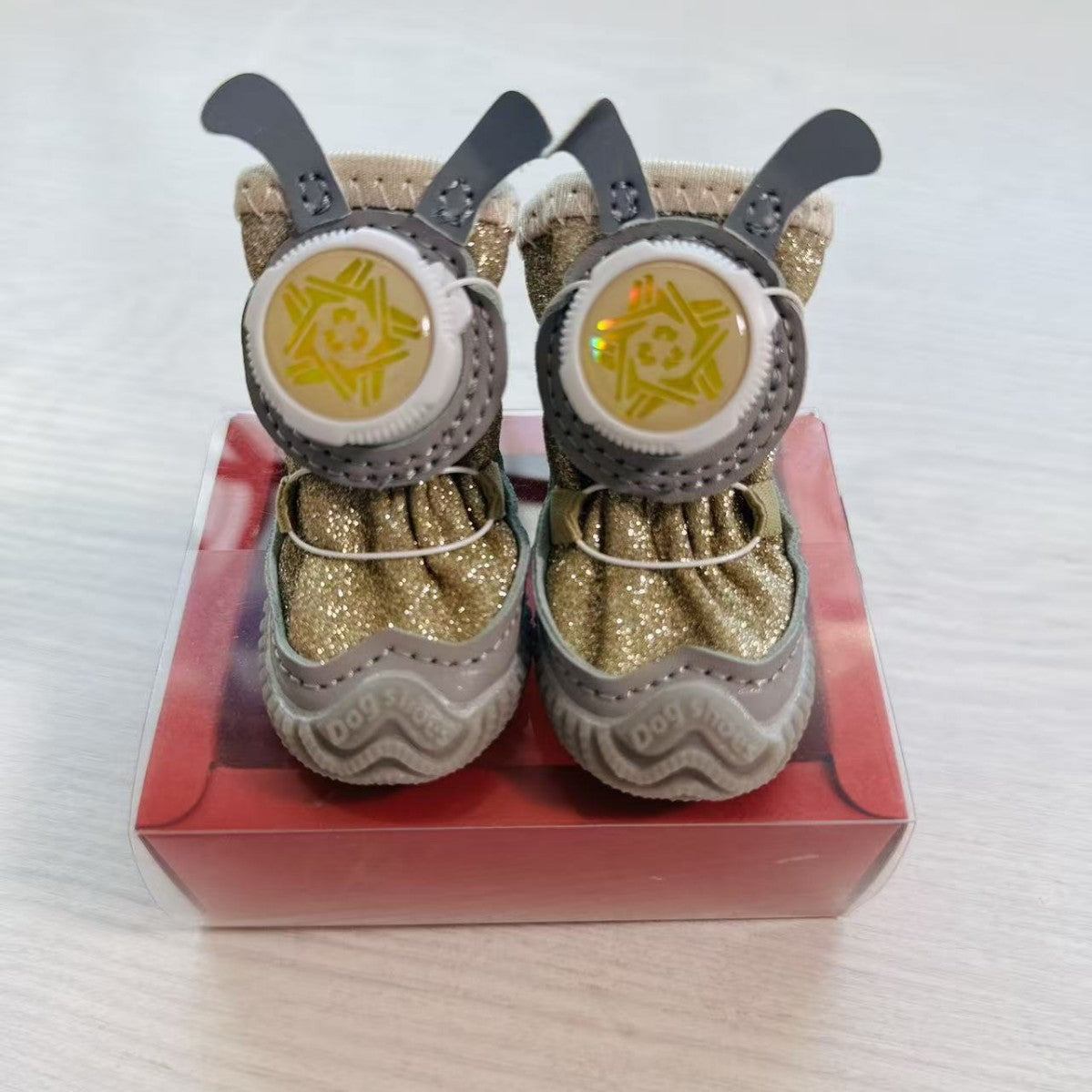 Pet shoes with fabric buttons, 4 pieces per pack