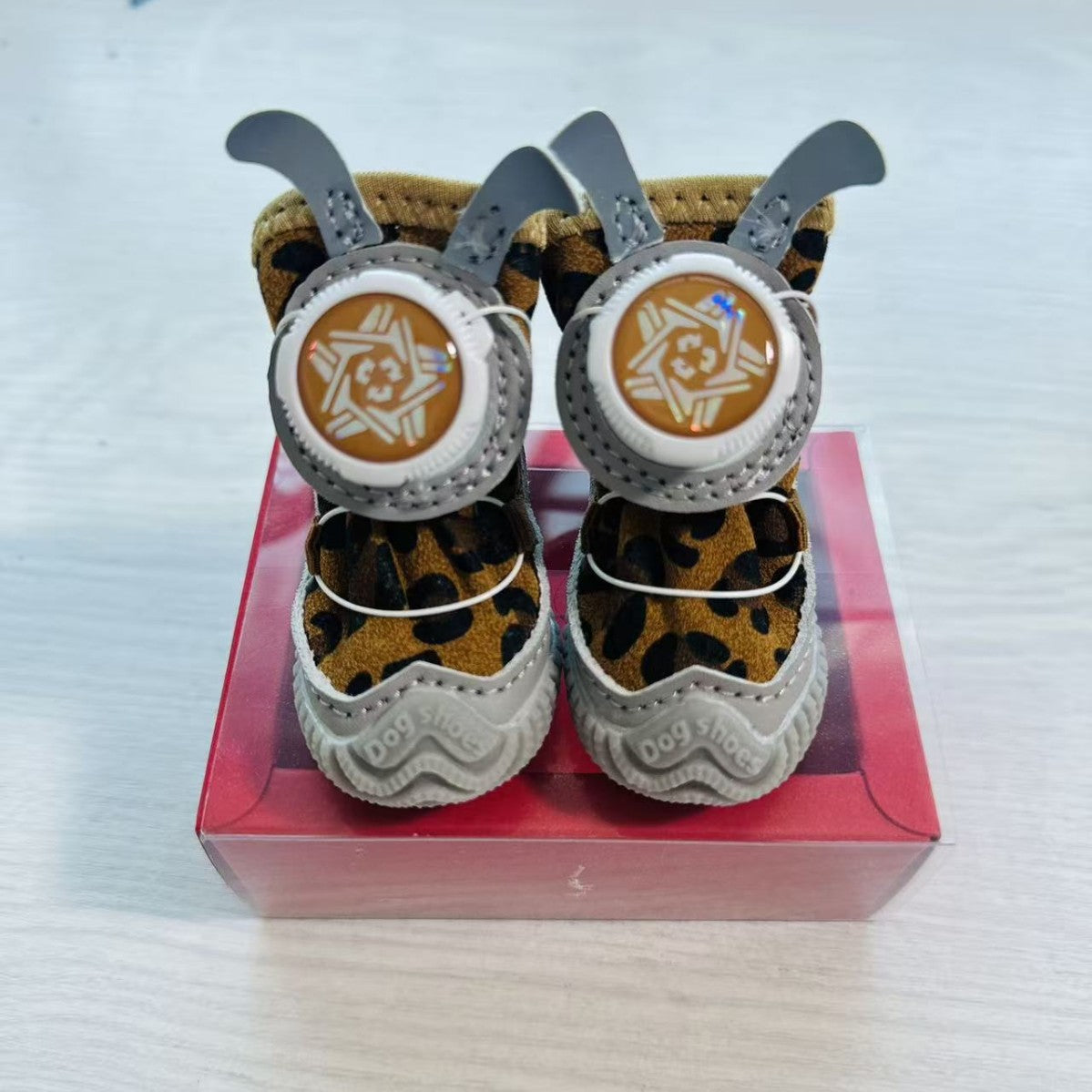 Pet shoes with fabric buttons, 4 pieces per pack