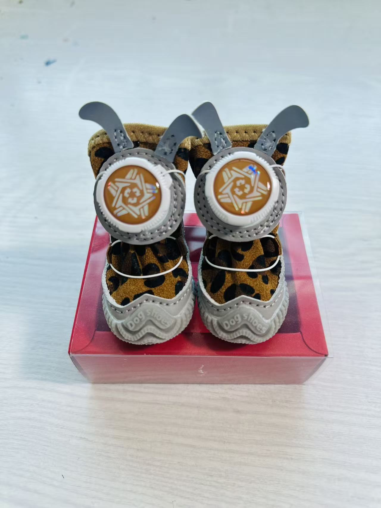 Pet shoes with fabric buttons, 4 pieces per pack